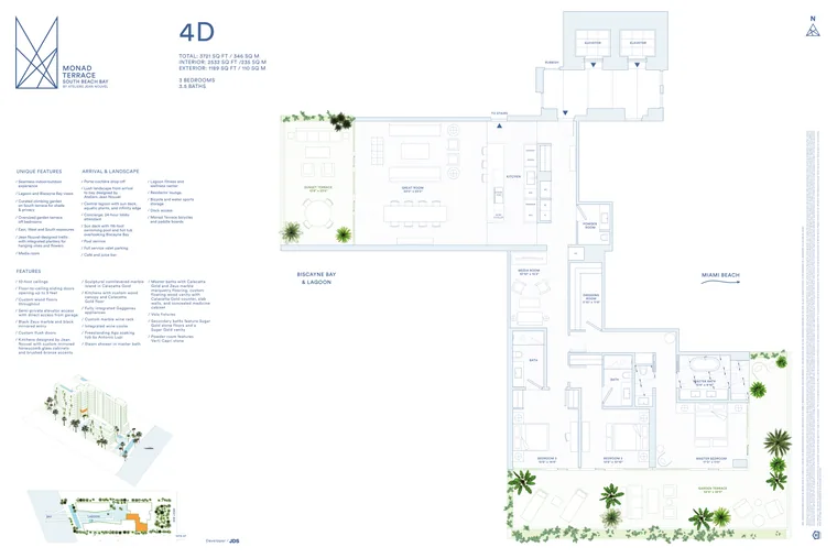 Plan 4D floor plan, Garden Floors, Monad Terrace: 3 Bedrooms, 3.5 Bathrooms, 3,721 square feet total